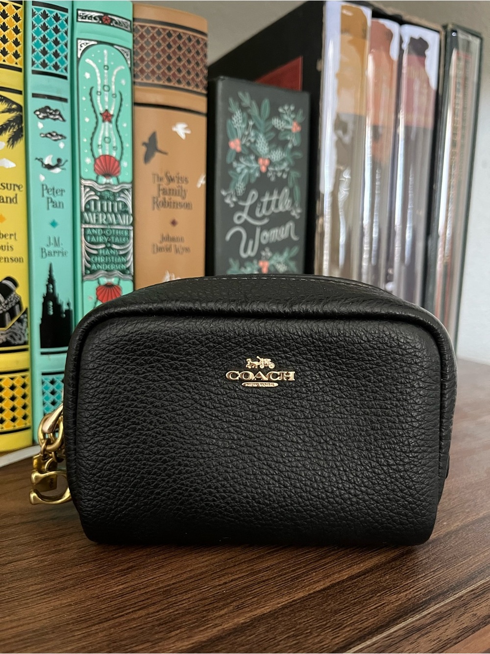 Coach Black Pebbled Leather Cosmetic Pouch with Gold Logo